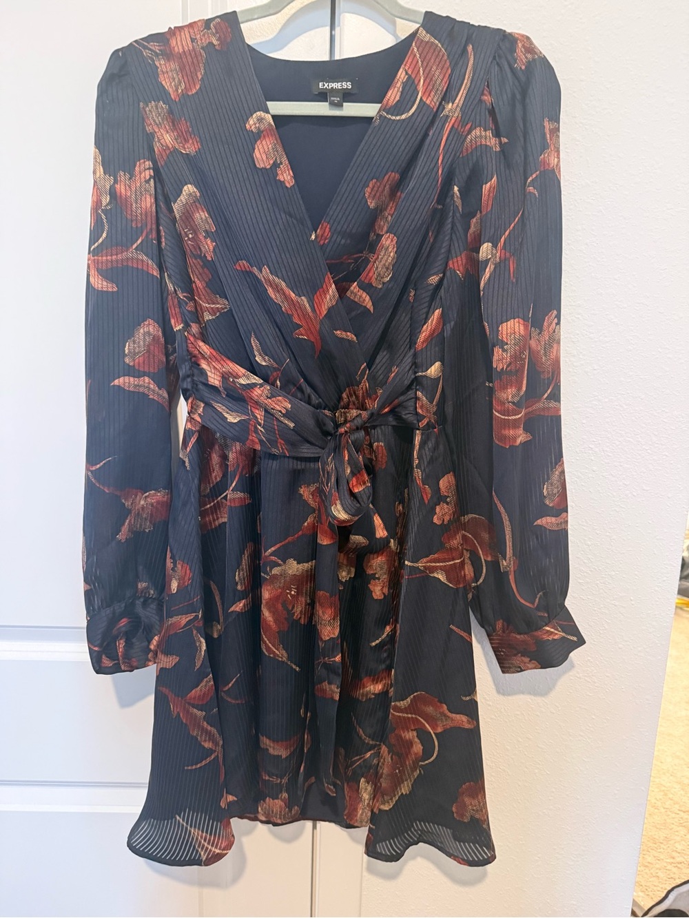 Express Black Dress with Rust Floral Print and Gold Accents